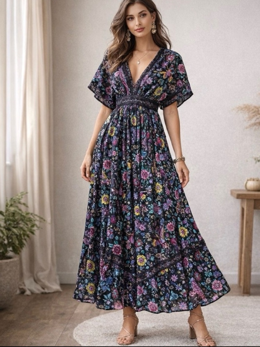 Paani Black Multi Floral Kaftan Maxi Dress